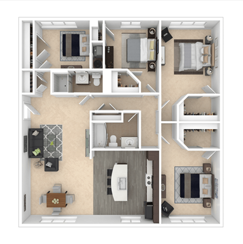 Floor plan for 4 beds, 2 baths, 1598 sqft